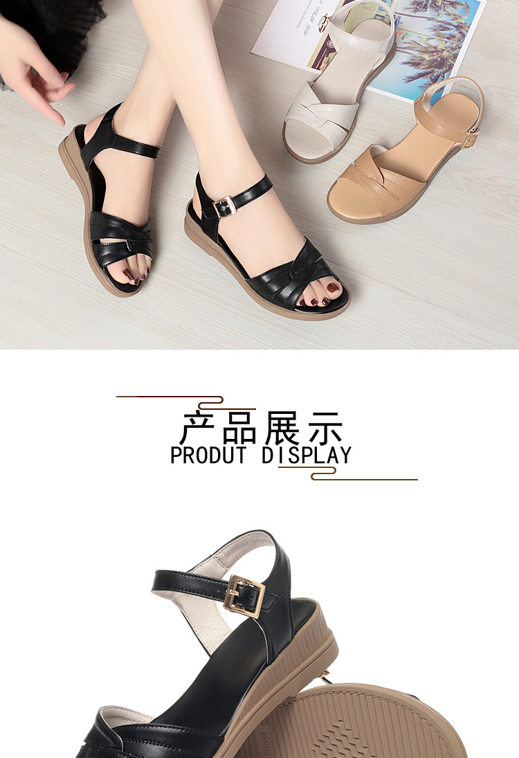 Sandal da bò đế bằng cho nữ trung niên, đế mềm chống trơn mùa hè — Màu be chi tiết 16