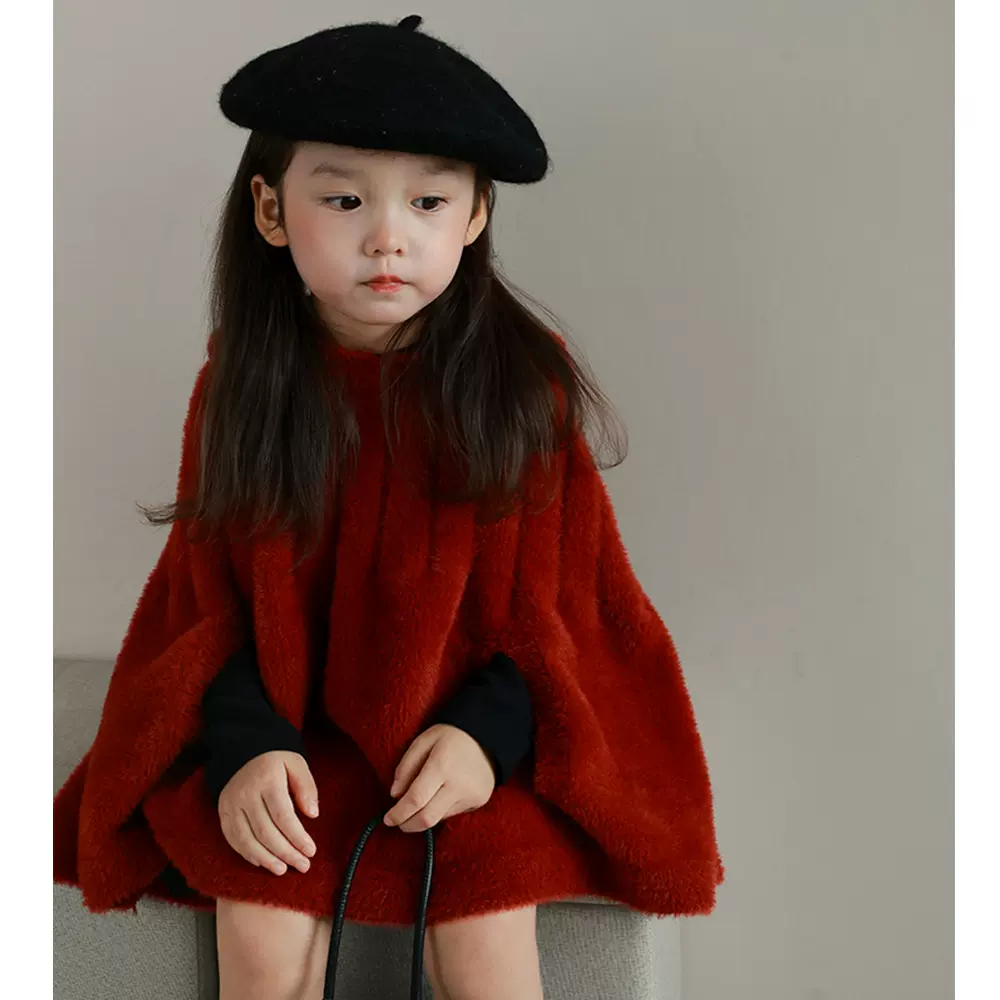 不退换原价56 秋冬女童宝宝仿貂绒红色毛线斗篷儿童披风洋气
