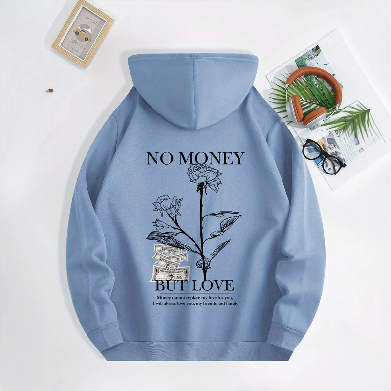 Rose hooded sweatshirt with a money and love-themed print on the back, artistic loose-fitting pullover hoodie. Rose hooded sweatshirt with a money and love-themed print on the back, artistic loose-fitting pullover hoodie.
