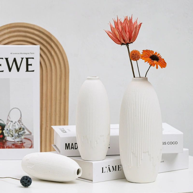 Современная минималистская керамическая ваза для украшения креативная домашняя керамическая простая белая матовая цветочная вставка в полоску европейская ваза