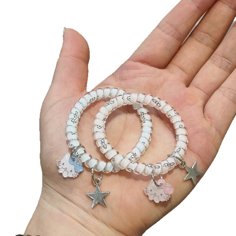 蓝粉色吊坠猫咪星星印花电话线发圈高弹力无痕发绳甜美可爱发饰|undefined