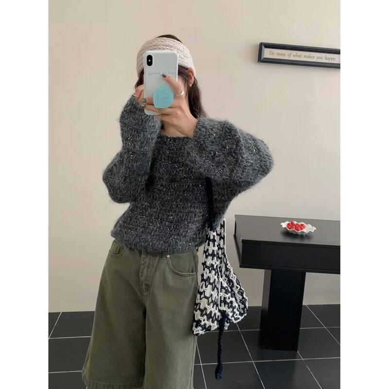 韩系高端精致圆领纯色高级感慵懒风宽松显瘦长袖短款针织毛衣女|undefined