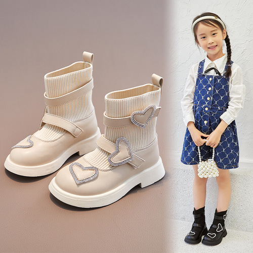 女童短靴2023秋冬新款儿童袜靴黑色马丁靴儿童靴针织防滑软底鞋子