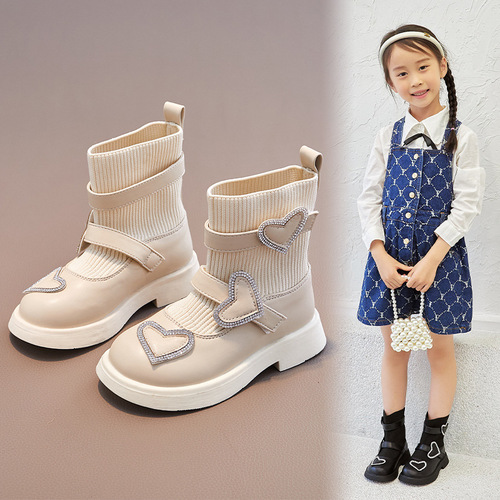 Girls' short boots  autumn and winter new children's socks boots black Martin boots children's boots knitted non-slip soft sole shoes