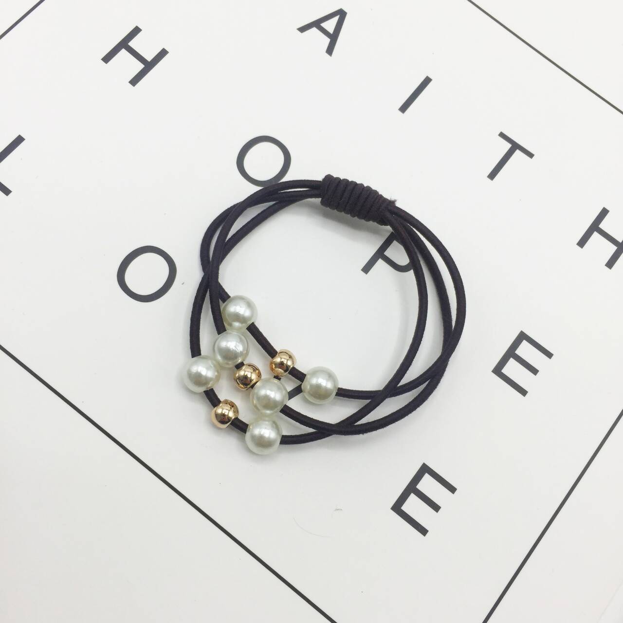 Estilo coreano nueve cuentas de Alta cubierta de cuero elástica simple perla con cuentas de tres en uno cuerda de pelo de las mujeres frescas banda de lazo de pelo banda de goma