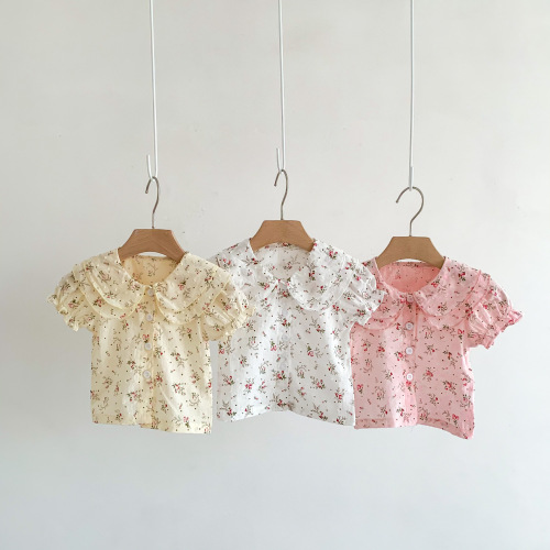 Girls floral shirts baby solid color baby doll collar summer short-sleeved T-shirts fashionable and versatile tops