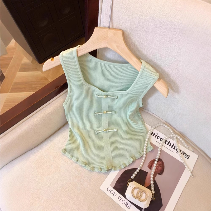2025 New Chinese Style National Style Beaded Buckle Knitted Vest Summer Square Neck Wide Shoulder Strap Sleeveless Small Top 2025 New Chinese Style National Style Beaded Buckle Knitted Vest Summer Square Neck Wide Shoulder Strap Sleeveless Small Top