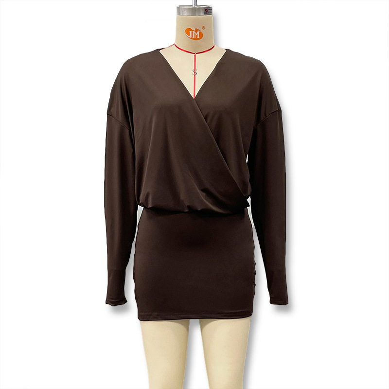 Women's Sexy Deep V Long Sleeve Dress American Style Solid Color Waist Cinching Bodycon Fashion For Autumn_ecoleips.com