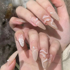 清冷蝴蝶立體小粉蛇穿戴甲裸色純欲風長款杏仁假指甲貼片