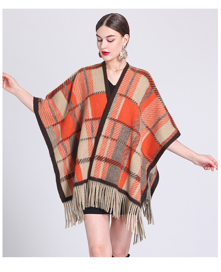 Schalumhang Damen karierte Strickjacke mit Fransen karierter Umhang Schal Wollmantel_voghion.com