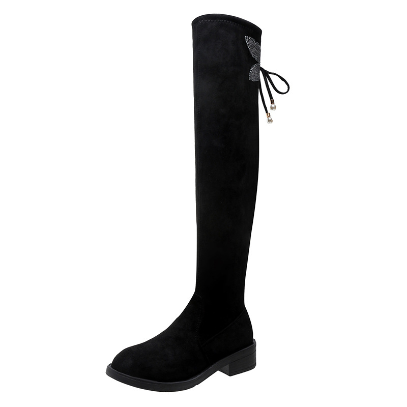 Autumn and winter new chunky heel rhinester bow thigh-high boots slim plus size elastic boots_voghion.com