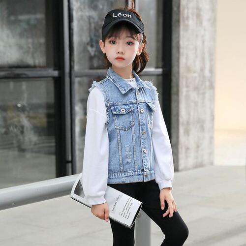 Cross-border wholesale new autumn fashion girls single-breasted denim jacket non-hooded spring and autumn cardigan waistcoat 