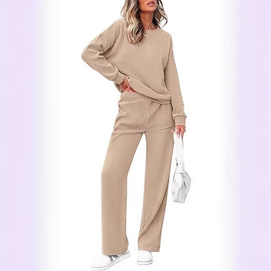 Autumn and Winter New Cross-Border Amazon Women's Clothing - European and American Fashion Casual Round-Neck Top and Straight-Leg Pants Solid Color Set for Women