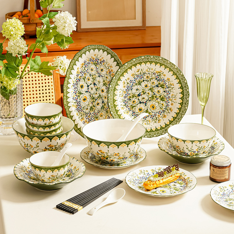 Underglaze Polish Jasmine Series Scandinavian Style Bowl and Plate Set Home Tableware Gift Box Combination Creative and Practical Ceramics