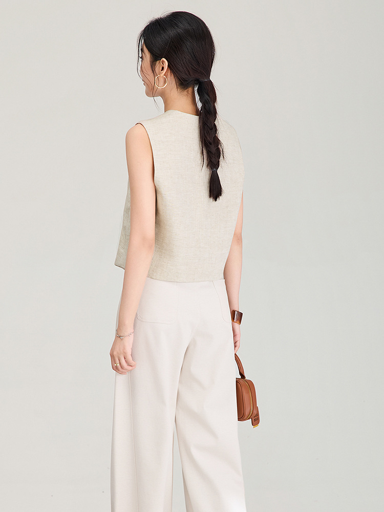 Áo khoác gile không tay cổ chữ V phối lớp phong cách cổ điển chất liệu vải lanh pha sợi Tencel — Màu cà phê