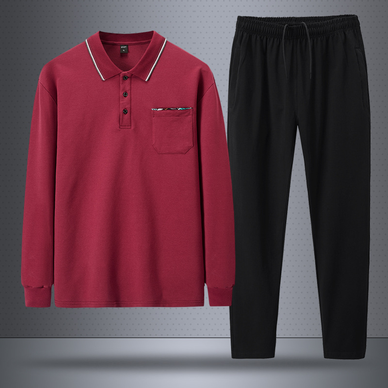 Traje casual de primavera para hombre, estilo polo, nuevo estilo holgado de manga larga para hombres de mediana edad y mayores, talla grande, transpirable, traje de dos piezas con pantalones largos.