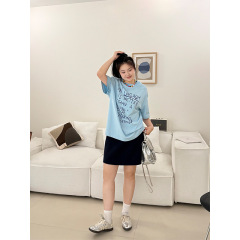 大码女装2025夏季慵懒风短袖女 海盐芝士落肩复古宽松字母印花T恤