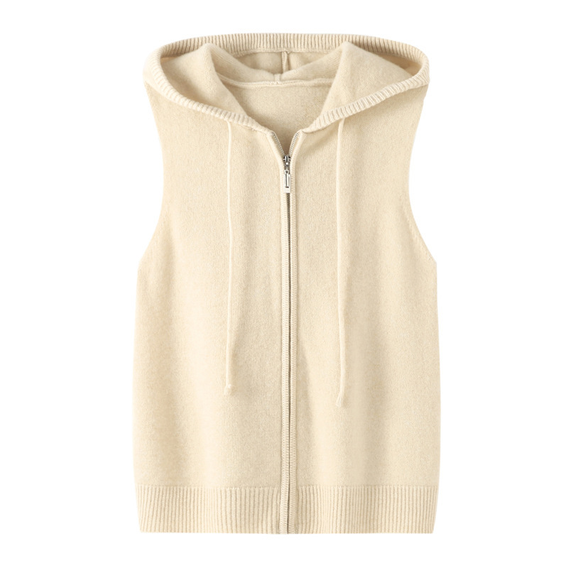 Zipper Hooded Pure Wool Vest Women's Autumn and Winter Loose Stacked-up Shirt Short Vest Short Versatile Top