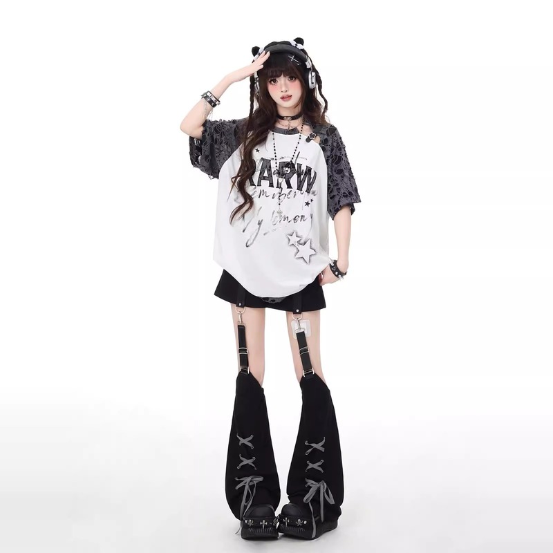 crazygirl サブカルチャー スターリッピング スプライシング ラグラン デザイン ニッチ ルーズ 万能 Tシャツ 夏新作|undefined