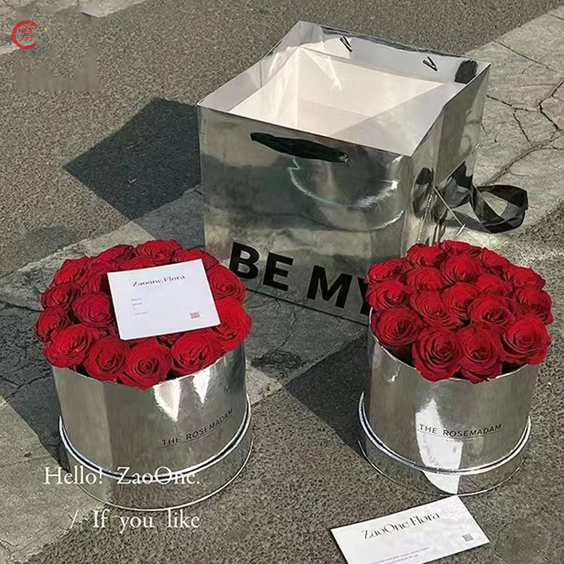 昌易批发 镜面手提袋情人节防水鲜花银色抱抱桶方形花束插花盒