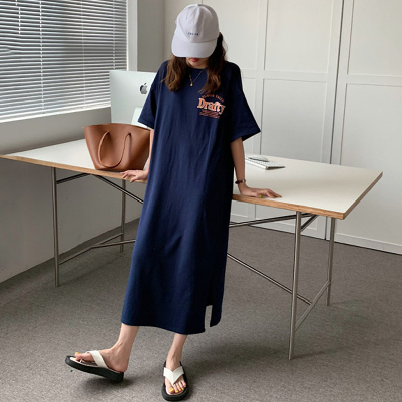 Summer Korean-style loose long over-the-knee nightgown for plus-size women, home wear, casual plus-size women's long dress, maternity dress Summer Korean-style loose long over-the-knee nightgown for plus-size women, home wear, casual plus-size women's long dress, maternity dress