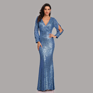 2024 spring and summer cross-border hot selling foreign trade dress multi-color plus size long sleeve V-neck sequined fishtail evening dress for women