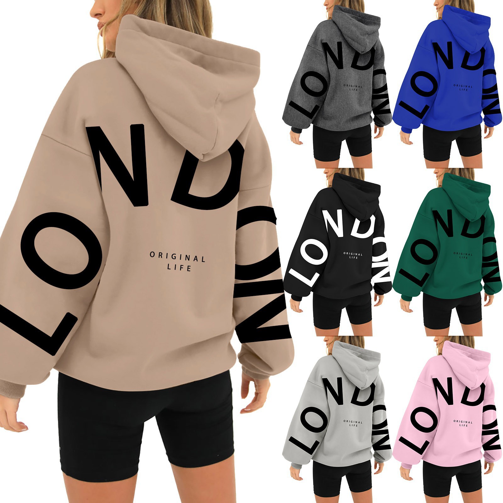 LONDON ORIGINAL Unisex Printed Long Sleeve Loose Plus Size Patch Pocket Hooded Sweatshirt_voghion.com