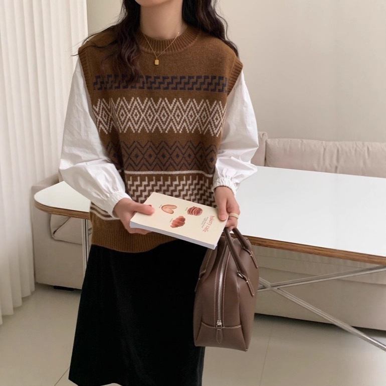 秋款圆领宽松休闲显瘦撞色提花套头无袖针织马甲背心女叠穿|undefined