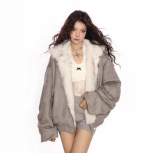 座山雕重磅麂皮双面穿毛领连帽外套女秋冬季加绒加厚飞行夹克棉服