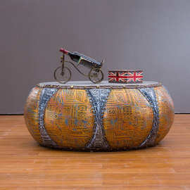 北欧设计师现代简约个性工业风铝皮铆钉异型圆鼓创意复古拼色茶几