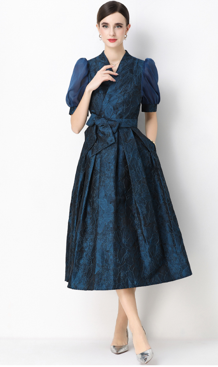 Đầm maxi nữ thắt eo V cổ tay ngắn họa tiết jacquard thanh lịch — màu đen, xanh lam, Màu hồng, màu trắng chi tiết 34