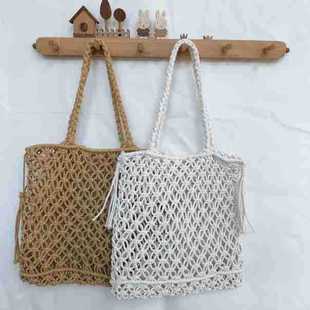 New Fashion Woven Bag Copper Buckle Cotton Tassel Portable Shoulder Bag Casual Straw Woven Bag Beach