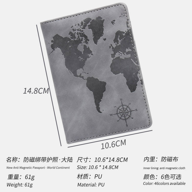 World Map Passport Holder Strap Anti-Magnetic RFID Multi-Card Slot Leather Compass Passport Book Elastic Strap Flight Ticket Holder