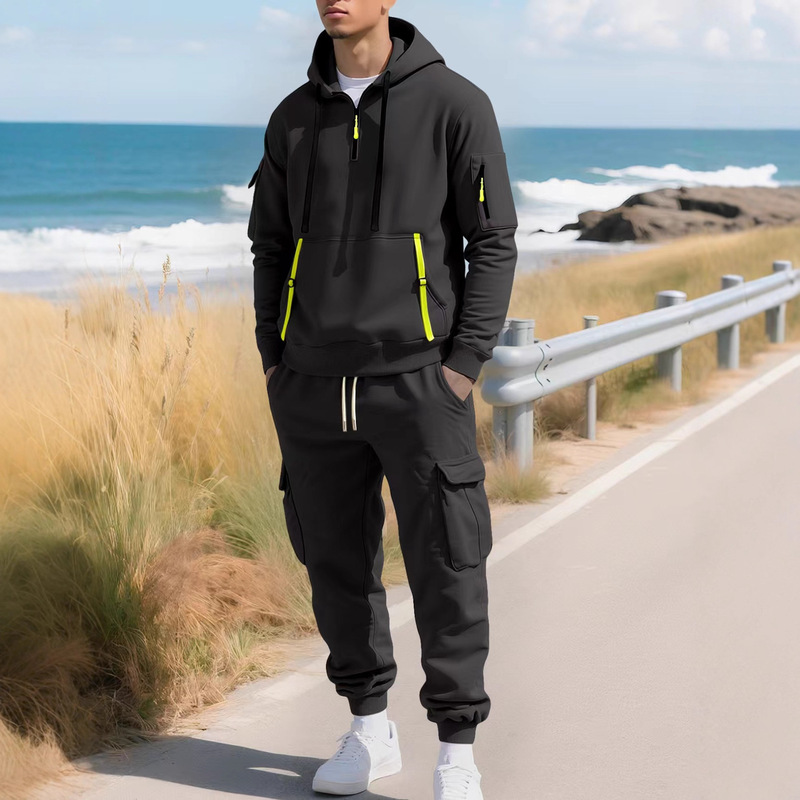 Cross-Border New Autumn and Winter Men's Velvet Sweatshirt Fashion Hoodie Zipper Multi-Pocket Carhartt Overalls Suit