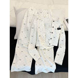 纯欲少女波点蝴蝶结印花睡衣女早春新款休闲长袖三件套家居服套装