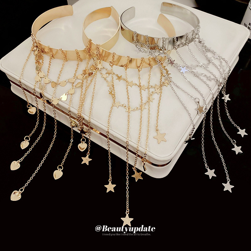Metal Star Love Brazalete abierto con borla Brazalete de sentido de alta gama europeo y americano Diseño de moda Sentido de joyería de lujo ligero al por mayor