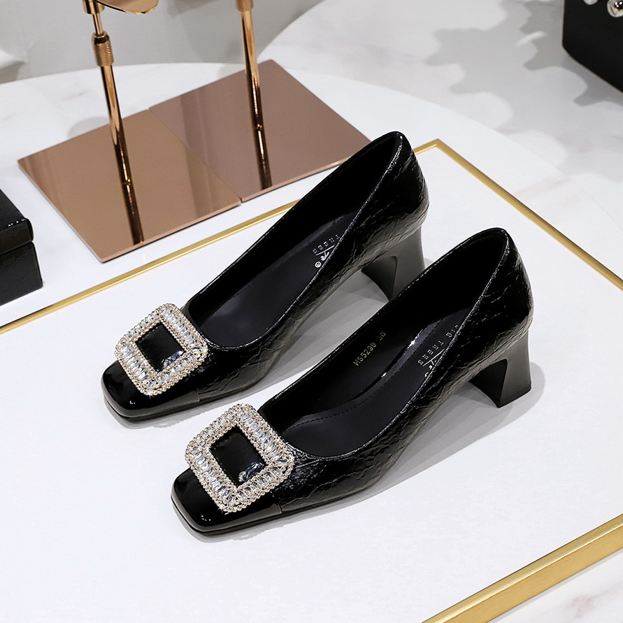5299-K32 Korean Style Light Luxury Women's Chunky Mid Heel Shallow Mouth Burst Pattern Patchwork Square Toe Metal_vogvips.com