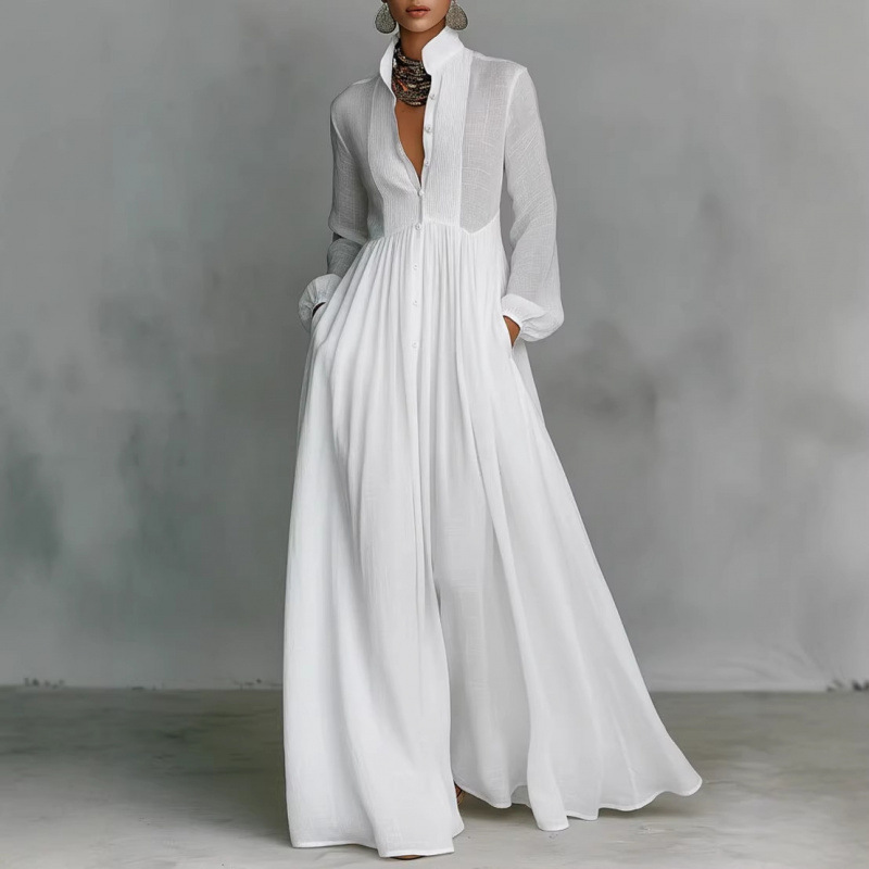 2026 New Cross-Border Style Elegant Waist-Cinching Slimming Long-Sleeve Pleated Long Holiday Dress French White Dress 2026 New Cross-Border Style Elegant Waist-Cinching Slimming Long-Sleeve Pleated Long Holiday Dress French White Dress
