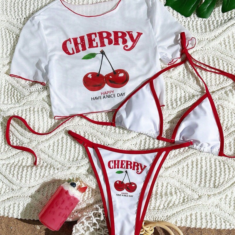 2026 European and American Export Cross-Border Apron Three-Piece Bikini Suit Cherry Print Lace-Up Swimsuit Women's Swimsuit