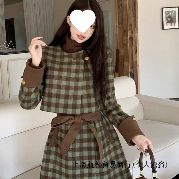 2025格子秋冬小香风新款厚外套连衣裙两件套毛呢时尚气质显瘦套装