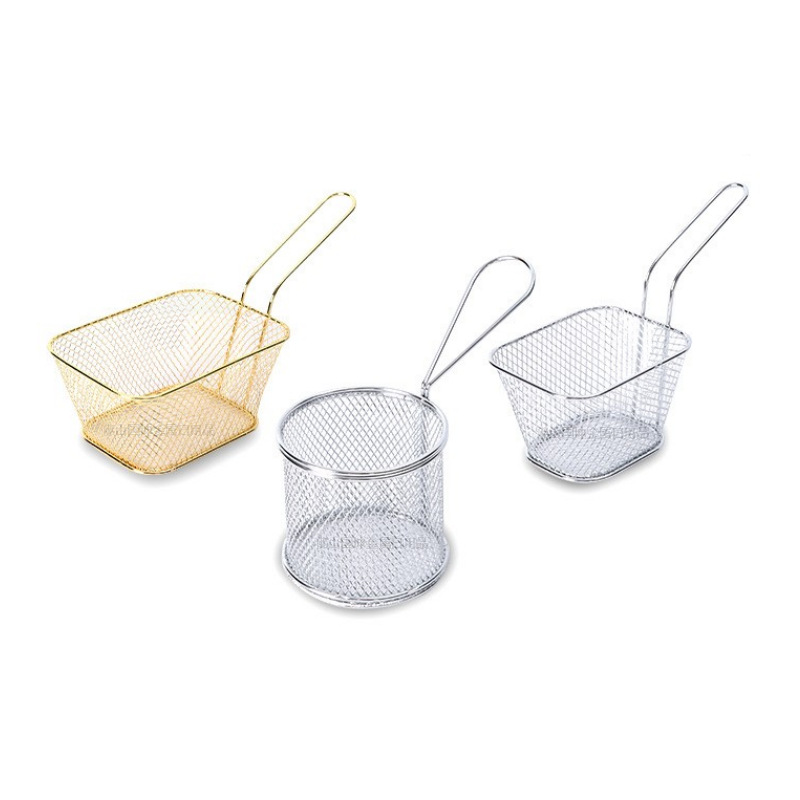En stock transfronterizo de comercio electrónico cuadrado mini cesta de papas fritas restaurante gran filtro redondo de acero inoxidable merienda cesta de freír