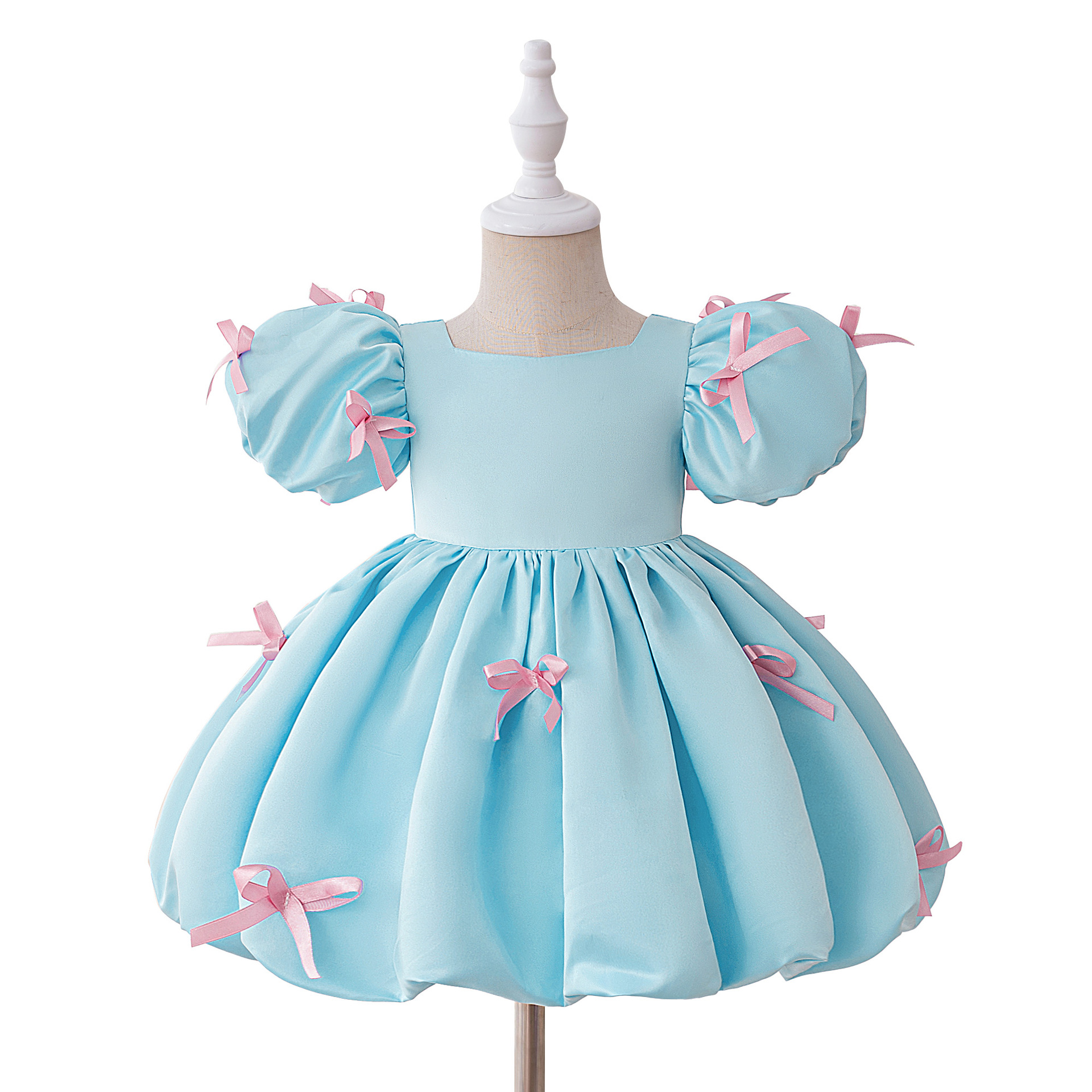 Nuevo vestido de niñas aniversario vestido de cumpleaños correa vestido de cuello cuadrado clavos arco cierre
