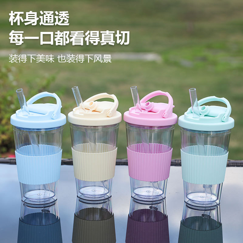Nuevas tazas de paja de doble cubierta de bebida, tazas de plástico portátiles de alta calidad de verano al aire libre, tazas de agua de grado alimenticio