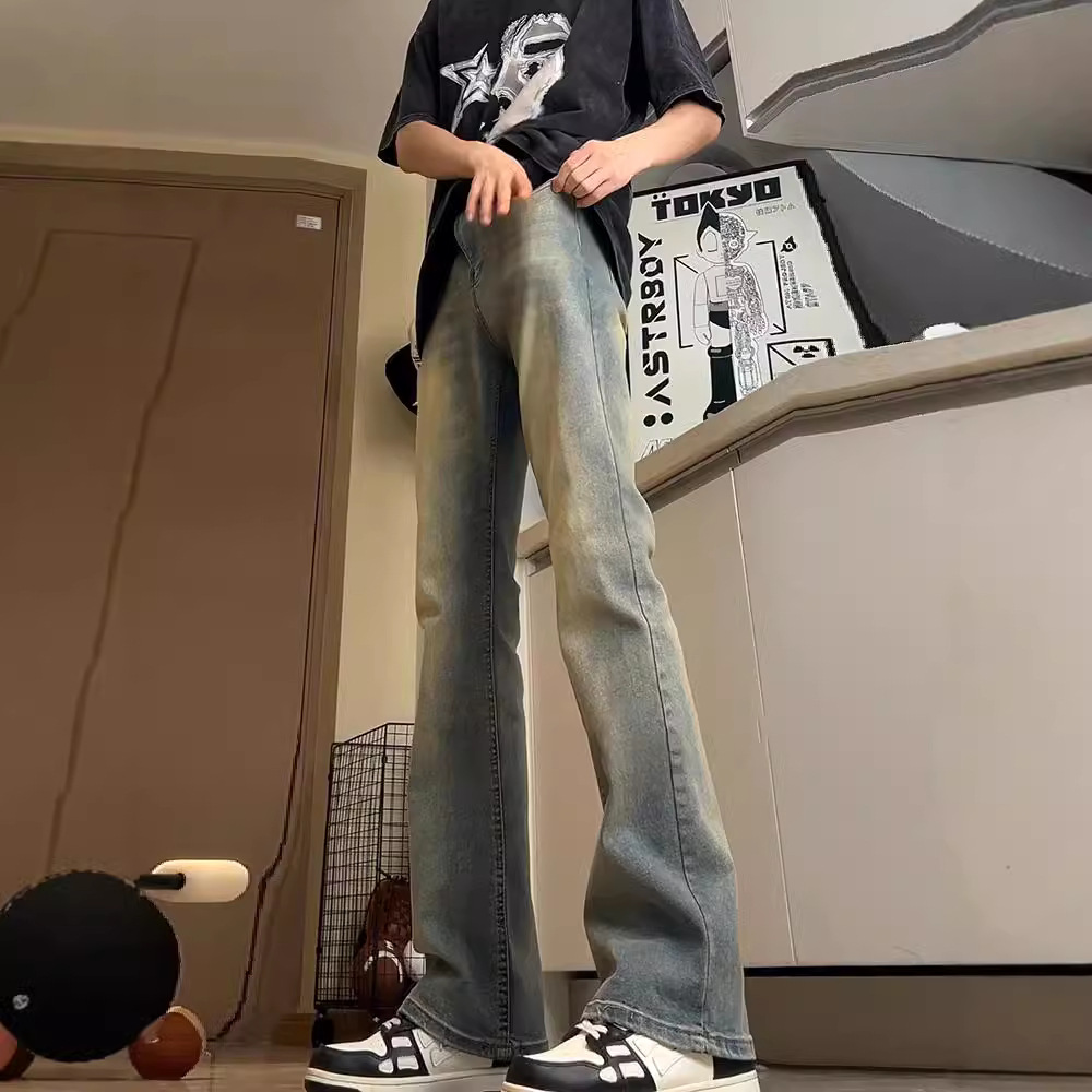 Vintage jeans de cintura alta azul para hombres otoño nuevo estilo americano de alta calle vibe pantalones altos rectos micropantalones