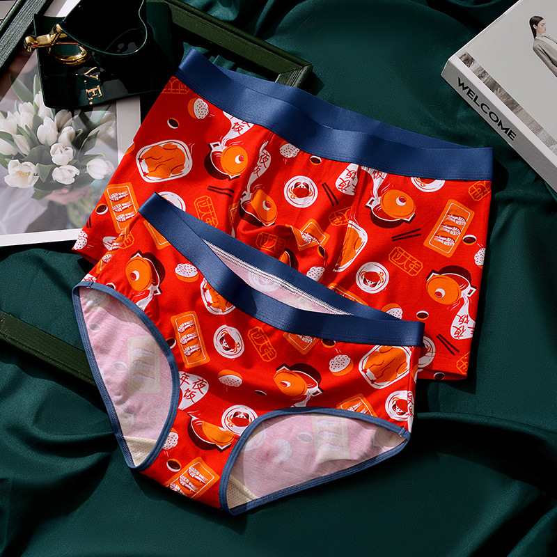 Red illustration couple's insoles for the Year of the Dragon, zodiac year, 100% pure cotton, printed mid-rise, antibacterial, breathable underwear for women, wholesale