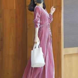 秋宽松新款金丝绒连衣裙长款修身气质长袖大码秋装女长裙子