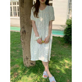外贸批发2026夏季新款韩系小碎花双层棉纱棉带发圈家居服睡裙