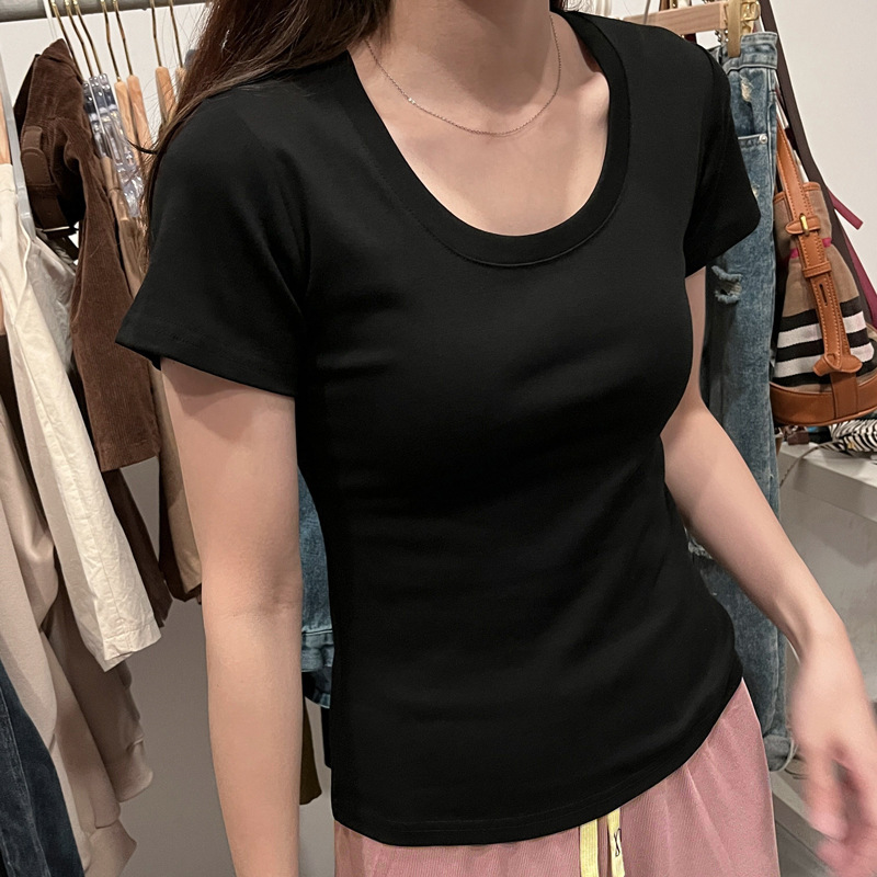American style pure cotton spicy girl slim fit short sleeved inner layer 2024 new round neck front shoulder Hong Kong style top design sense T-shirt for women