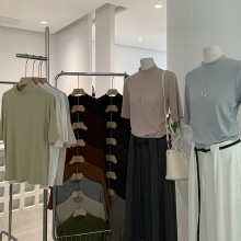 欧玛莱 半高圆领纯色中袖直筒套头内搭打底衫T恤上衣初秋女装4122