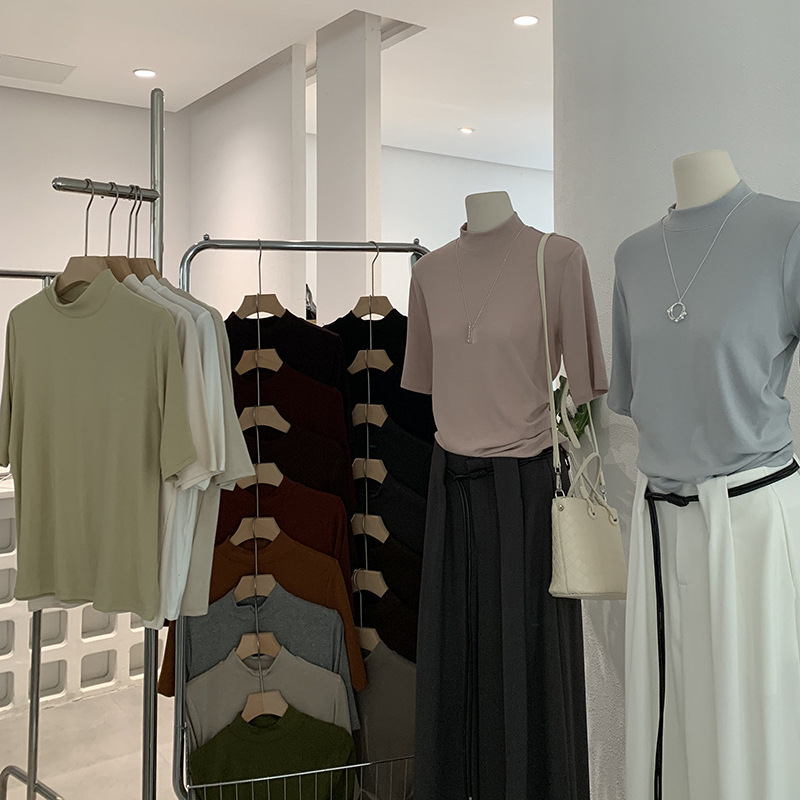 欧玛莱 半高圆领纯色中袖直筒套头内搭打底衫T恤上衣初秋女装4122